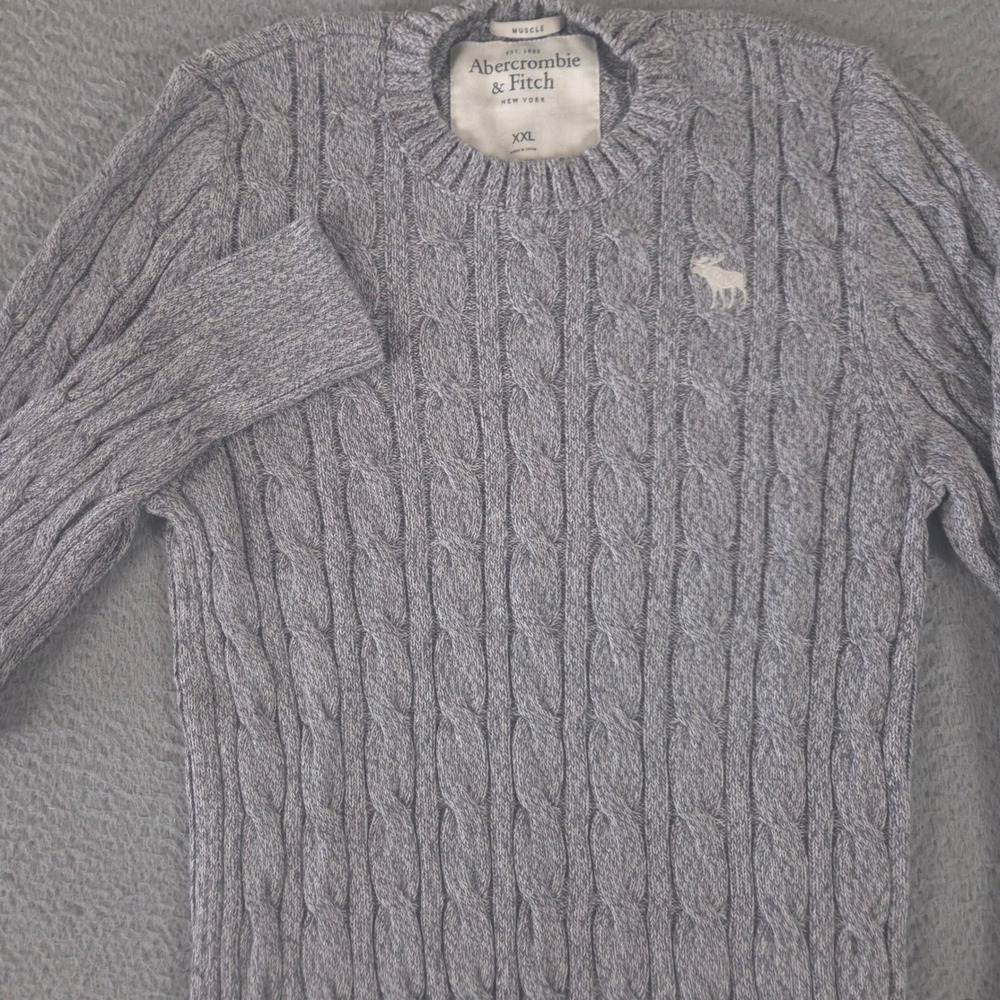 Abercrombie & Fitch Sweater Kids XXL Gray Muscle Cotton Cashmere Cable Knit Logo